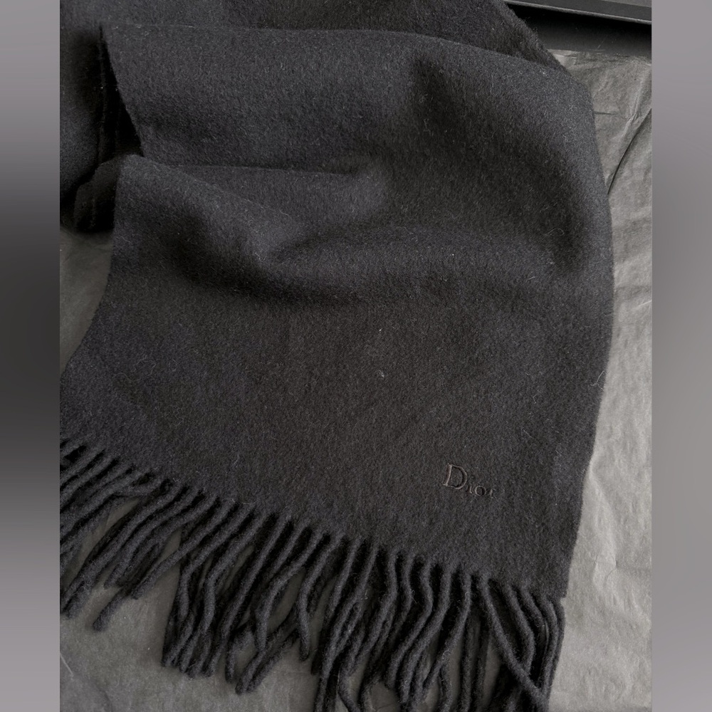 Preloved black wool Dior scarf with fringe ends